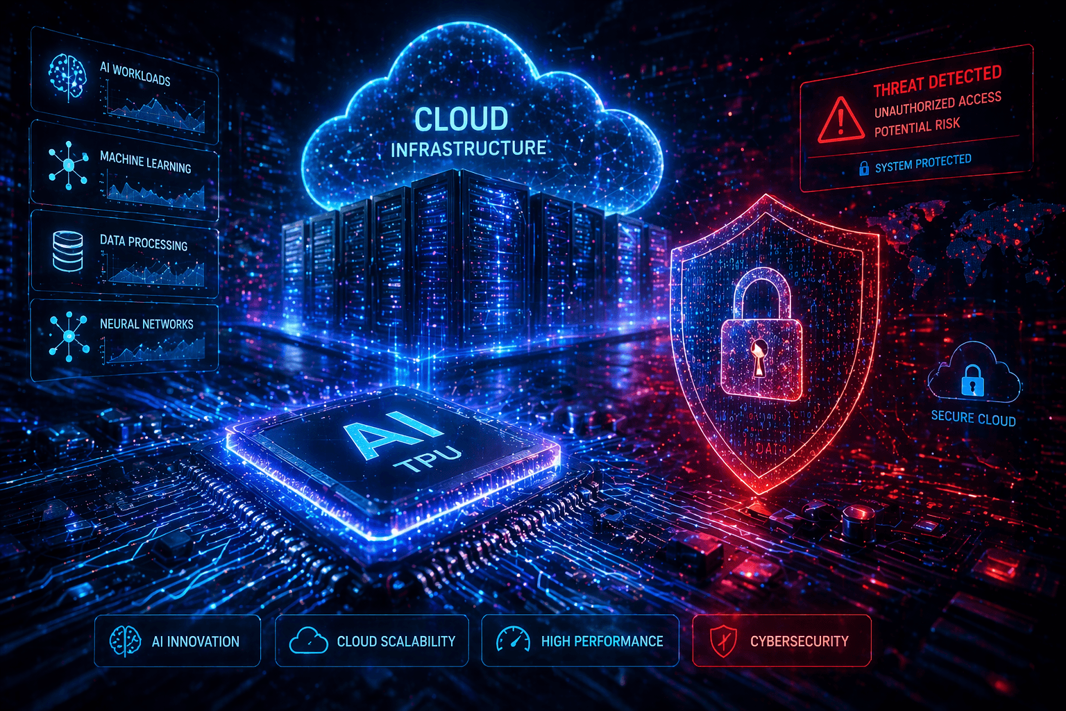AI cloud infrastructure and cybersecurity illustration
